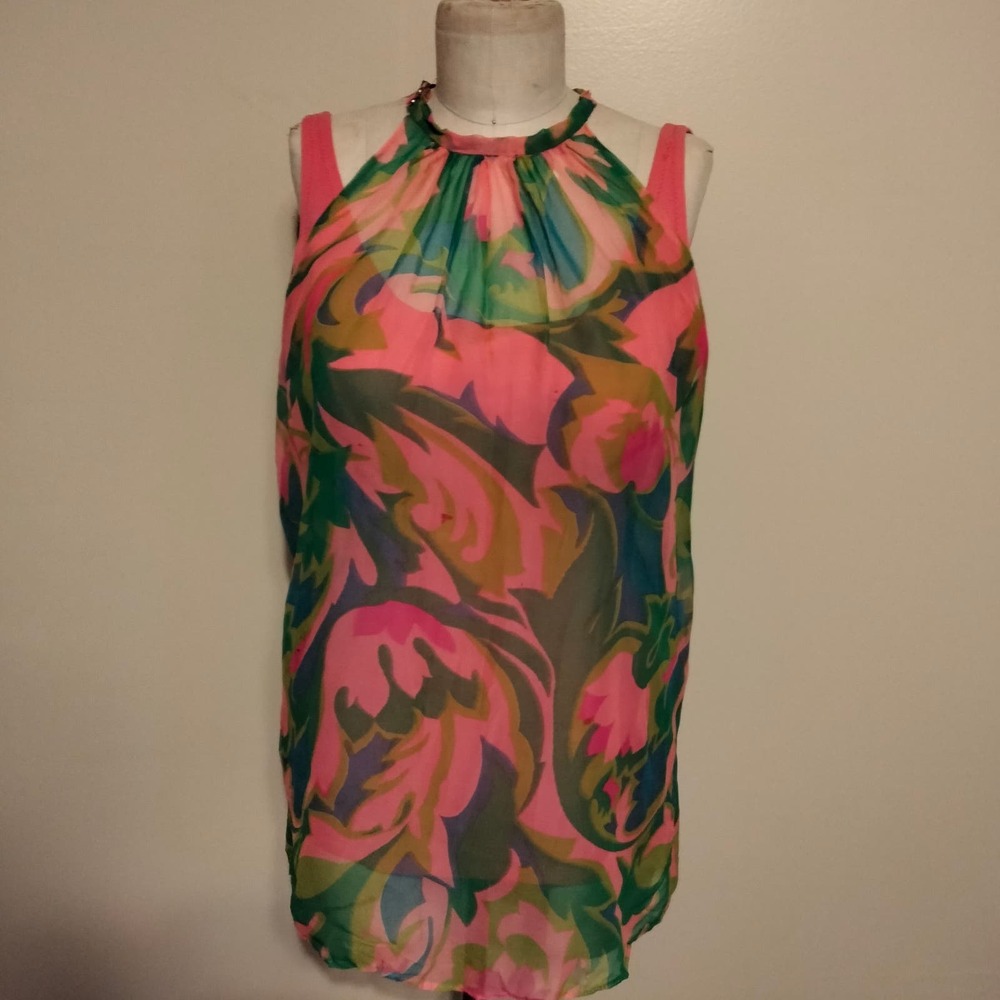Alix of Miami Pink Knit Vintage 60s Swimsuit & Multicolored Sheer Cover Up  M